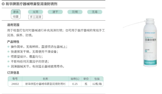 新华医疗 医疗器械喷雾型润滑防锈剂 24002,250mL/瓶